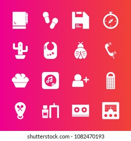 Premium set with fill vector icons. Such as north, grater, sound, dessert, cheese, infant, kitchen, desert, location, sweet, food, note, toy, green, map, restaurant, antenna, scan, casette, signal