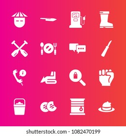 Premium set with fill vector icons. Such as home, call, human, kitchen, gas, people, headwear, station, hand, curtain, snack, interior, construction, food, bucket, pump, style, finger, asian, dessert