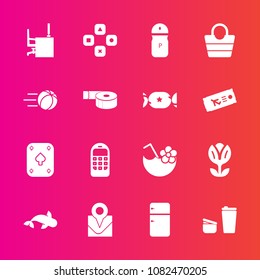 Premium set with fill vector icons. Such as spring, desk, nature, salt, phone, bag, mobile, pepper, juice, blossom, food, seasoning, flower, travel, white, map, technology, fun, summer, drink, glass