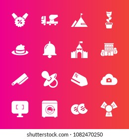 Premium set with fill vector icons. Such as dessert, element, concrete, snack, home, computer, cold, price, infant, child, white, room, sign, baby, knife, cooler, technology, pacifier, percent, wash