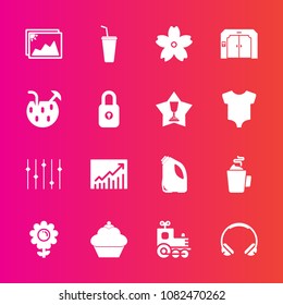 Premium set with fill vector icons. Such as sweet, cake, doughnut, sakura, lock, picture, elevator, sign, toy, hot, photo, cold, frame, technology, locomotive, concept, graph, spring, audio, business