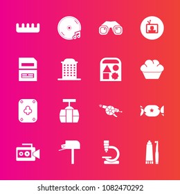Premium set with fill vector icons. Such as lollipop, hair, equipment, sound, food, care, handle, tv, war, gun, mail, box, science, mailbox, message, music, hygiene, poker, transportation, camera, car