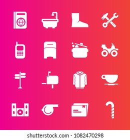 Premium set with fill vector icons. Such as jacket, cappuccino, toilet, mail, candy, street, sport, travel, tourism, bathroom, road, home, cafe, object, document, whistle, mailbox, passport, cinema