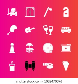 Premium set with fill vector icons. Such as dvd, office, game, cd, van, delivery, modern, spaceship, house, equipment, flame, strategy, space, adhesive, rocket, internet, piece, king, web, chess, food