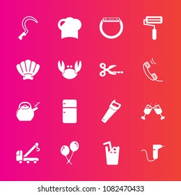 Premium set with fill vector icons. Such as dentistry, accident, refrigerator, cold, tow, paint, glass, saw, food, drink, roller, garden, tool, fridge, celebration, roll, dentist, kettle, drill, wine