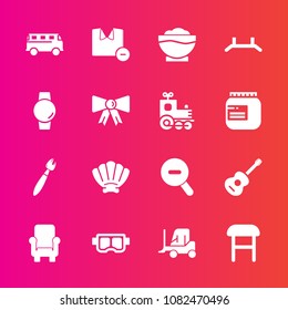 Premium set with fill vector icons. Such as food, home, coffee, up, web, pull, seashell, speed, interior, watch, bus, man, furniture, guitar, mask, music, marine, gadget, shirt, clothes, summer, shell