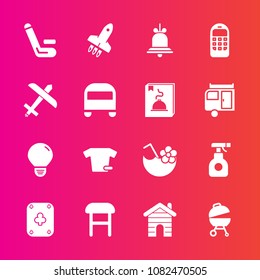 Premium set with fill vector icons. Such as juice, shirt, equipment, chair, chemical, drink, match, interior, light, home, alarm, fashion, food, clothes, spray, game, rocket, pesticide, sprayer, meat