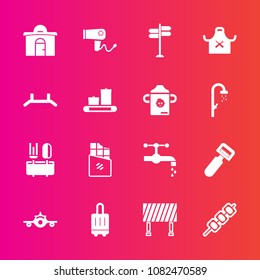 Premium set with fill vector icons. Such as kitchen, spoon, bathroom, dessert, travel, baggage, plane, house, grilled, departure, blow, building, hairdryer, dinner, estate, luggage, water, dryer, sign