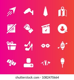 Premium set with fill vector icons. Such as planet, paper, pin, contact, gift, safety, person, ship, sunglasses, sailboat, city, plane, map, orbit, technology, social, street, hammer, security, girl