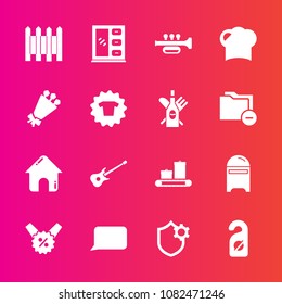 Premium set with fill vector icons. Such as sign, hat, furniture, real, post, sound, home, estate, house, luggage, motel, percent, food, talk, internet, security, envelope, building, travel, letter