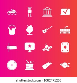 Premium set with fill vector icons. Such as finance, drum, orbit, memory, robot, sea, planet, sign, music, instrument, science, communication, futuristic, ship, cd, card, chat, saturn, ocean, chemical