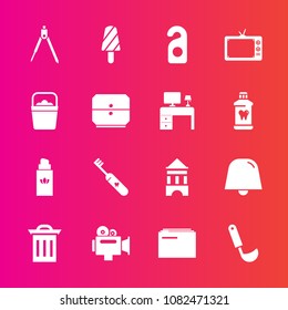Premium set with fill vector icons. Such as film, instrument, food, fruit, label, brush, recycle, hygiene, notification, health, kitchen, paper, perfume, clean, handle, camera, ice, summer, motel, box