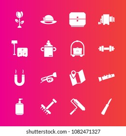 Premium set with fill vector icons. Such as bed, knife, location, sofa, blossom, kitchen, flower, bottle, pin, gardening, floral, rake, tool, chair, sound, magnet, soap, trumpet, garden, clean, brush