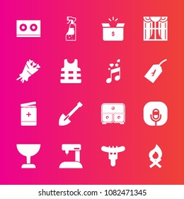 Premium set with fill vector icons. Such as bouquet, pack, beautiful, sewing, flower, sausage, casette, floral, interior, sound, box, bonfire, construction, search, package, campfire, meat, machine