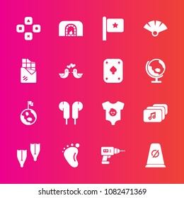 Premium set with fill vector icons. Such as clothing, fun, audio, hand, underwater, nation, computer, flipper, play, traffic, technology, globe, street, sign, drill, child, music, earth, summer, small
