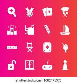 Premium set with fill vector icons. Such as search, desk, play, home, dessert, work, ice, vacation, restaurant, fashion, strategy, cream, seat, elegance, bow, award, tie, table, poker, ship, king, pen