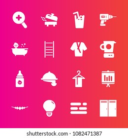 Premium set with fill vector icons. Such as restaurant, water, report, cold, boiler, annual, door, waitress, layout, machine, accessory, drill, business, template, necklace, shower, bulb, home, juice