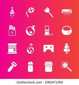 Premium set with fill vector icons. Such as jam, find, air, kite, cake, pepper, globe, joystick, chocolate, window, clown, cooking, seasoning, glass, magnifier, birthday, honey, nature, play, home