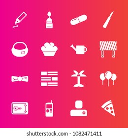 Premium set with fill vector icons. Such as bank, telephone, doughnut, tie, fashion, sweet, stationery, contact, person, internet, bag, human, mobile, money, cell, pen, nature, pill, newspaper, news