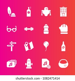 Premium set with fill vector icons. Such as futuristic, bottle, file, banner, music, robot, safety, fire, school, real, add, estate, beverage, drink, water, business, birthday, paint, travel, white