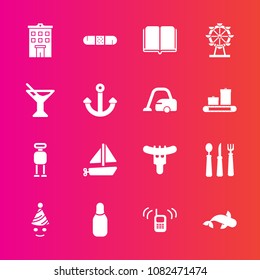 Premium set with fill vector icons. Such as fish, communication, kitchen, celebration, birthday, food, bowling, transportation, technology, spoon, house, meat, ball, ringing, health, robot, business