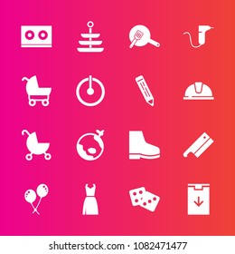 Premium set with fill vector icons. Such as airplane, plate, carriage, footwear, dentist, pan, web, dinner, child, switch, female, celebration, gambling, medical, button, baby, plane, casette, meat