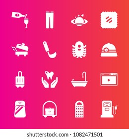 Premium set with fill vector icons. Such as planet, red, seasoning, clothes, healthy, internet, luggage, pepper, globe, room, bathroom, cooking, web, grater, glass, fashion, fuel, dentist, food, gas