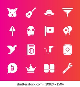 Premium set with fill vector icons. Such as music, drill, hammer, tool, equipment, origami, passport, musical, medical, guitar, white, spanner, call, dentistry, immigration, animal, document, poker