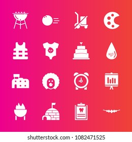 Premium set with fill vector icons. Such as clock, necklace, scale, snow, ball, dentist, city, sport, house, character, food, circus, pin, time, fun, jewelry, meat, art, alarm, bbq, bowling, holiday