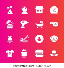 Premium set with fill vector icons. Such as tow, shell, pot, marine, car, dish, home, business, kid, bell, food, alert, house, child, clothing, motorcycle, baby, cheeseburger, accident, sea, meal, hat