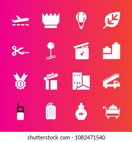 Premium set with fill vector icons. Such as building, house, beauty, telephone, luggage, box, service, mobile, airplane, phone, bottle, celebration, restaurant, bag, king, leaf, gift, nature, crown