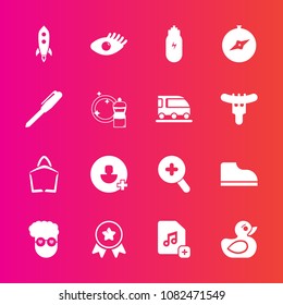 Premium set with fill vector icons. Such as , cleaner, zoom, winner, achievement, duck, child, compass, rubber, retro, stationery, sale, beautiful, health, music, concept, award, rocket, file, bag