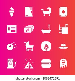 Premium set with fill vector icons. Such as pin, sheriff, sign, cowboy, ufo, stroller, fuel, pram, sound, child, sandwich, hat, sweet, west, sport, travel, cream, ball, space, baby, station, dessert