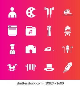 Premium set with fill vector icons. Such as sport, audio, man, horse, holiday, drawing, electric, journey, baby, fitness, music, vacation, art, dress, chief, file, weight, hot, stove, boiler, travel