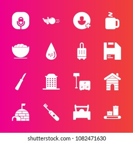 Premium set with fill vector icons. Such as city, white, building, account, pin, cup, architecture, sport, table, luggage, arctic, hygiene, radio, microphone, chair, travel, clean, sofa, vehicle, real