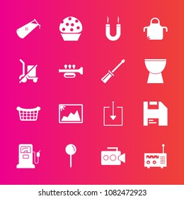 Premium set with fill vector icons. Such as diskette, cook, sign, basket, chemical, station, sweet, computer, media, drop, video, gas, pin, chemistry, dessert, science, handle, energy, kitchen, image