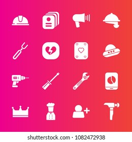 Premium set with fill vector icons. Such as business, waitress, food, communication, spanner, fork, drill, king, waiter, love, add, knife, id, identity, dinner, screwdriver, helmet, hammer, broken