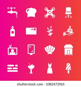 Premium set with fill vector icons. Such as drone, screen, template, bathroom, technology, layout, control, fashion, dessert, dress, shell, banner, alcohol, restaurant, television, fruit, water, chair