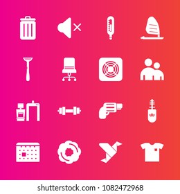 Premium set with fill vector icons. Such as shirt, handgun, new, clothing, gym, fashion, black, garbage, origami, cake, paper, scan, mute, gun, brush, sound, calendar, makeup, dessert, volume, bin