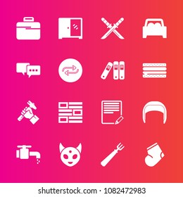 Premium set with fill vector icons. Such as interior, fashion, sink, tap, worker, bag, katana, socks, sword, water, briefcase, news, spoon, internet, clothes, write, space, foreman, bathroom, japanese