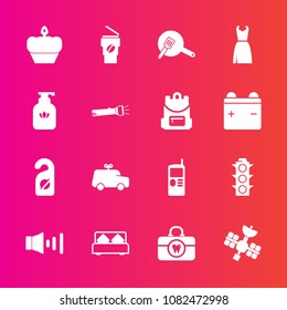 Premium set with fill vector icons. Such as safety, hot, care, lamp, label, cell, brush, sound, cake, doughnut, hotel, toy, phone, light, clean, sign, satellite, pan, furniture, speaker, bed, hygiene