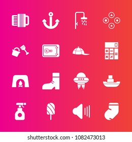 Premium set with fill vector icons. Such as fire, accordion, bath, fun, winter, ice, music, vessel, spray, spaceship, marine, warm, food, pesticide, dessert, fruit, ocean, ufo, socks, clothes, fashion