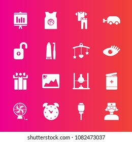 Premium set with fill vector icons. Such as basketball, hour, annual, watch, sport, carriage, lamp, collection, report, alarm, frame, document, box, laboratory, time, clothing, clock, light, baby, fan