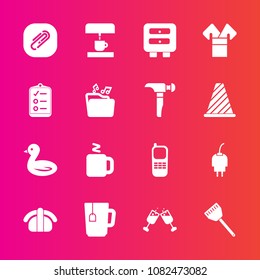 Premium set with fill vector icons. Such as drink, hot, clip, cooking, charger, technology, check, music, wildlife, costume, wine, business, coffee, mark, seafood, tea, list, salmon, phone, checklist
