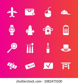 Premium set with fill vector icons. Such as medicine, restaurant, pan, kitchen, tool, airplane, sign, cap, fashion, planet, gadget, computer, spoon, device, fork, cooking, add, space, knife, ticket