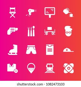 Premium set with fill vector icons. Such as weapon, sport, wear, pistol, astronomy, box, shipping, ice, tea, template, dryer, hat, universe, delivery, business, t-shirt, cup, location, train, work
