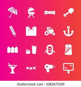 Premium set with fill vector icons. Such as boat, parasol, equipment, food, street, umbrella, banner, cocktail, grill, weather, holiday, fashion, hairdryer, bow, glass, flag, juice, sugar, drink, ship