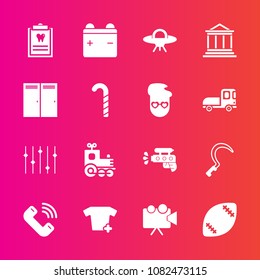 Premium set with fill vector icons. Such as bank, stadium, water, football, call, ball, agriculture, clothes, sickle, patient, alien, toy, travel, train, projector, clothing, finance, dentistry, gun