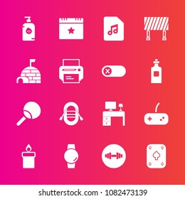 Premium set with fill vector icons. Such as fitness, game, desk, soap, leisure, fun, background, sign, decoration, travel, star, celebration, flame, wax, time, gadget, joystick, fire, street, tennis