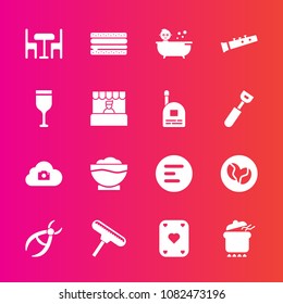 Premium set with fill vector icons. Such as roller, baby, restaurant, medical, music, red, caffeine, sandwich, wine, shower, pot, mobile, child, dentistry, dish, clinic, drill, burger, button, web